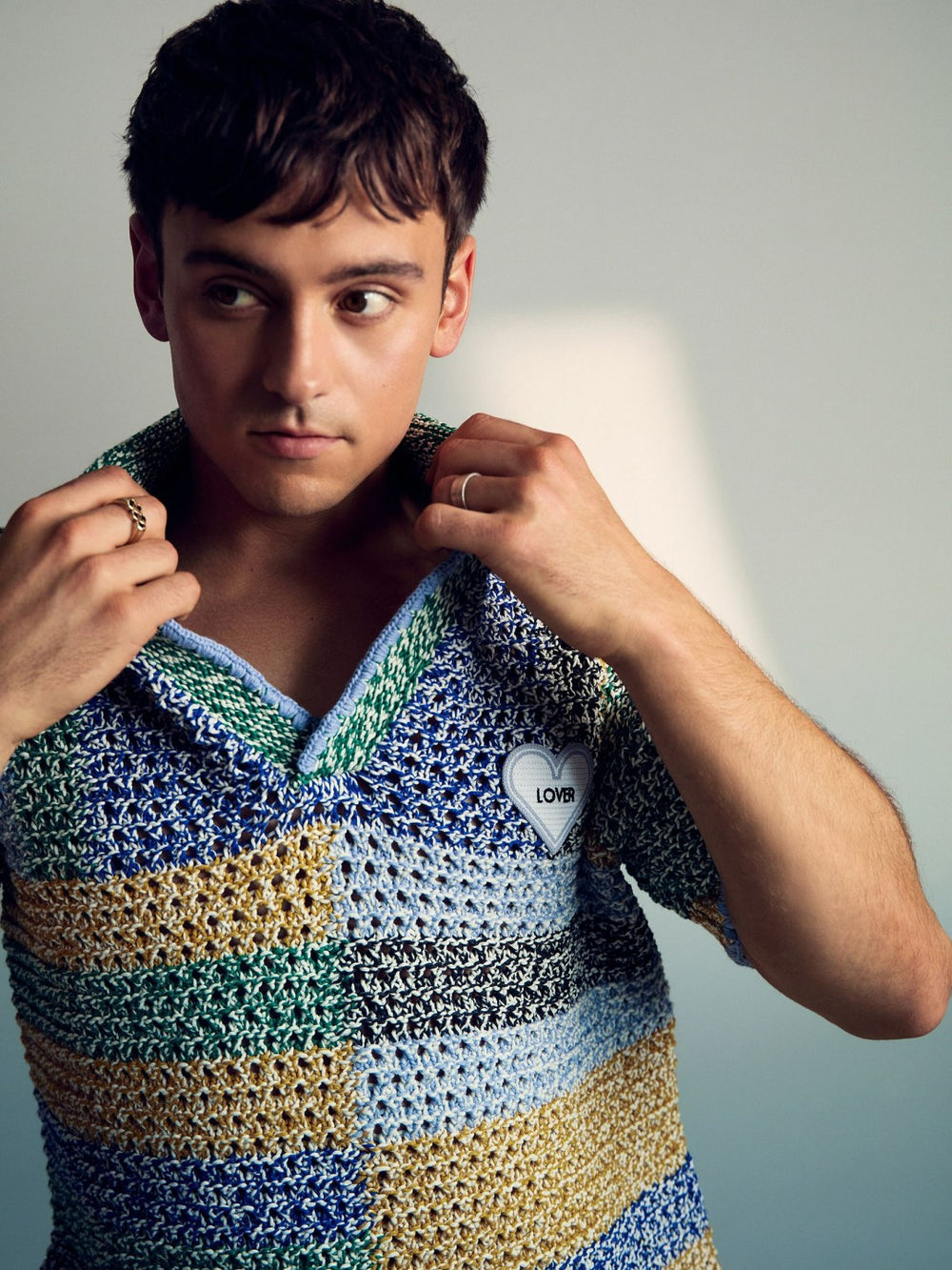 | Tom Daley Crochet Polo Shirt in Yellow/Green/Blue Multi