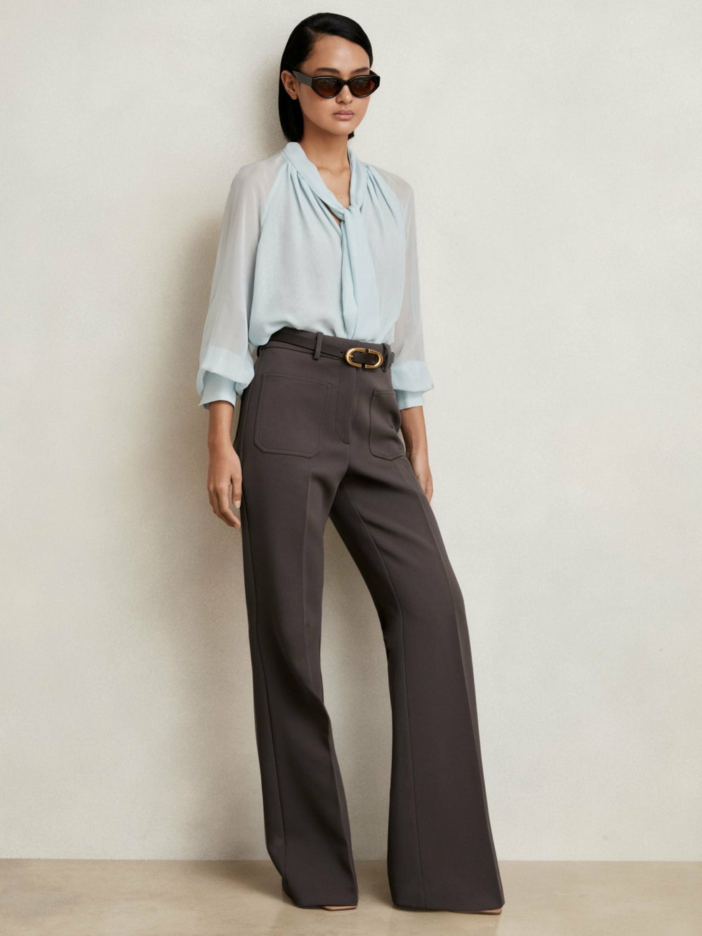 Twill Patch-Pocket Flared Trousers in Mauve Neutral