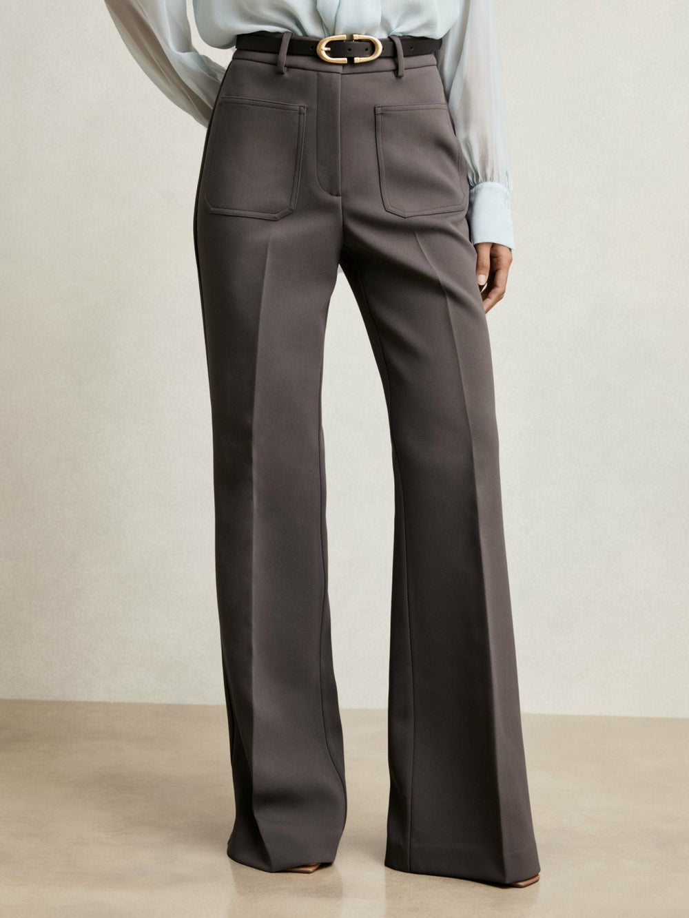 Petite Twill Patch-Pocket Flared Trousers in Mauve Neutral