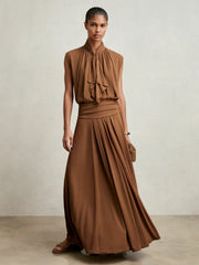 Jersey Ruched-Waist Maxi Skirt in Tan Brown