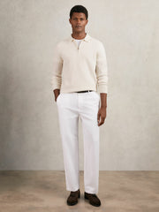 Wool Waffle-Knit Half-Zip Polo Shirt in Off White
