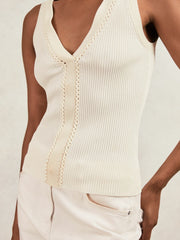Craft-Stitch Rib-Knit Vest in Ivory/Ecru
