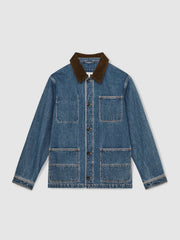 Corduroy Collar Denim Worker Jacket in Denim Blue
