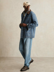 Corduroy Collar Denim Worker Jacket in Denim Blue