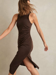 Jersey Ruched Racer Midi Dress in Chocolate Brown