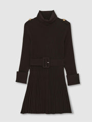 13-14 yrs Rib-Knit Roll-Neck Belted Dress in Chocolate