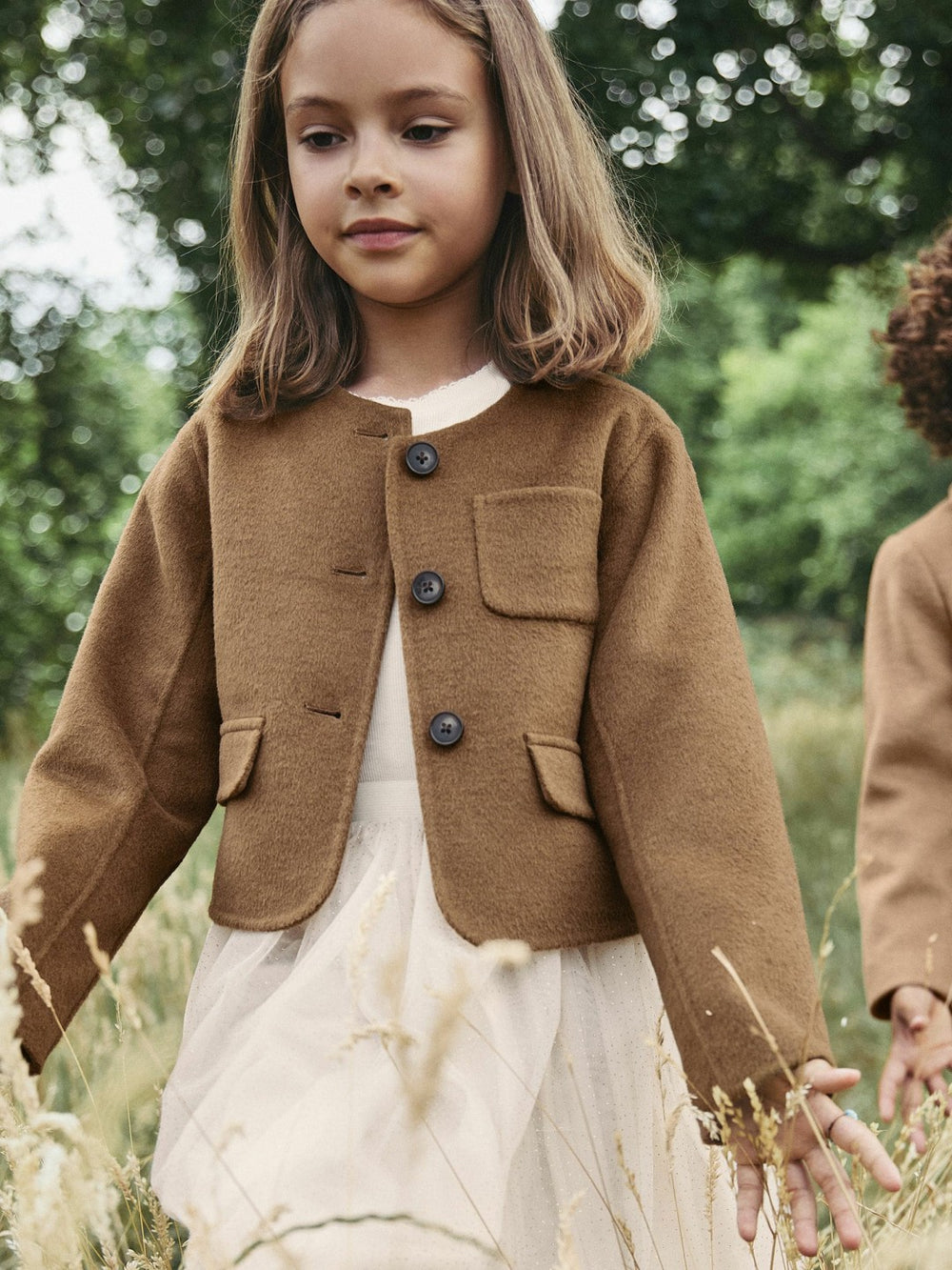 9-13 yrs Wool-Blend Cropped Collarless Jacket in Camel