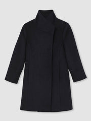Wool-Blend Funnel-Neck Coat in Navy