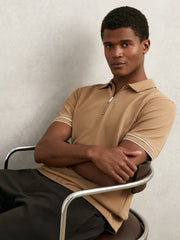Textured Half-Zip Tipped Polo Shirt in Camel