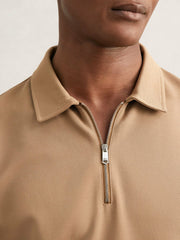 Textured Half-Zip Tipped Polo Shirt in Camel