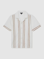 Piped-Stripe Cuban-Collar Shirt in White/Camel