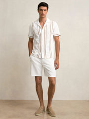 Piped-Stripe Cuban-Collar Shirt in White/Camel