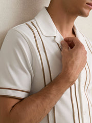 Piped-Stripe Cuban-Collar Shirt in White/Camel