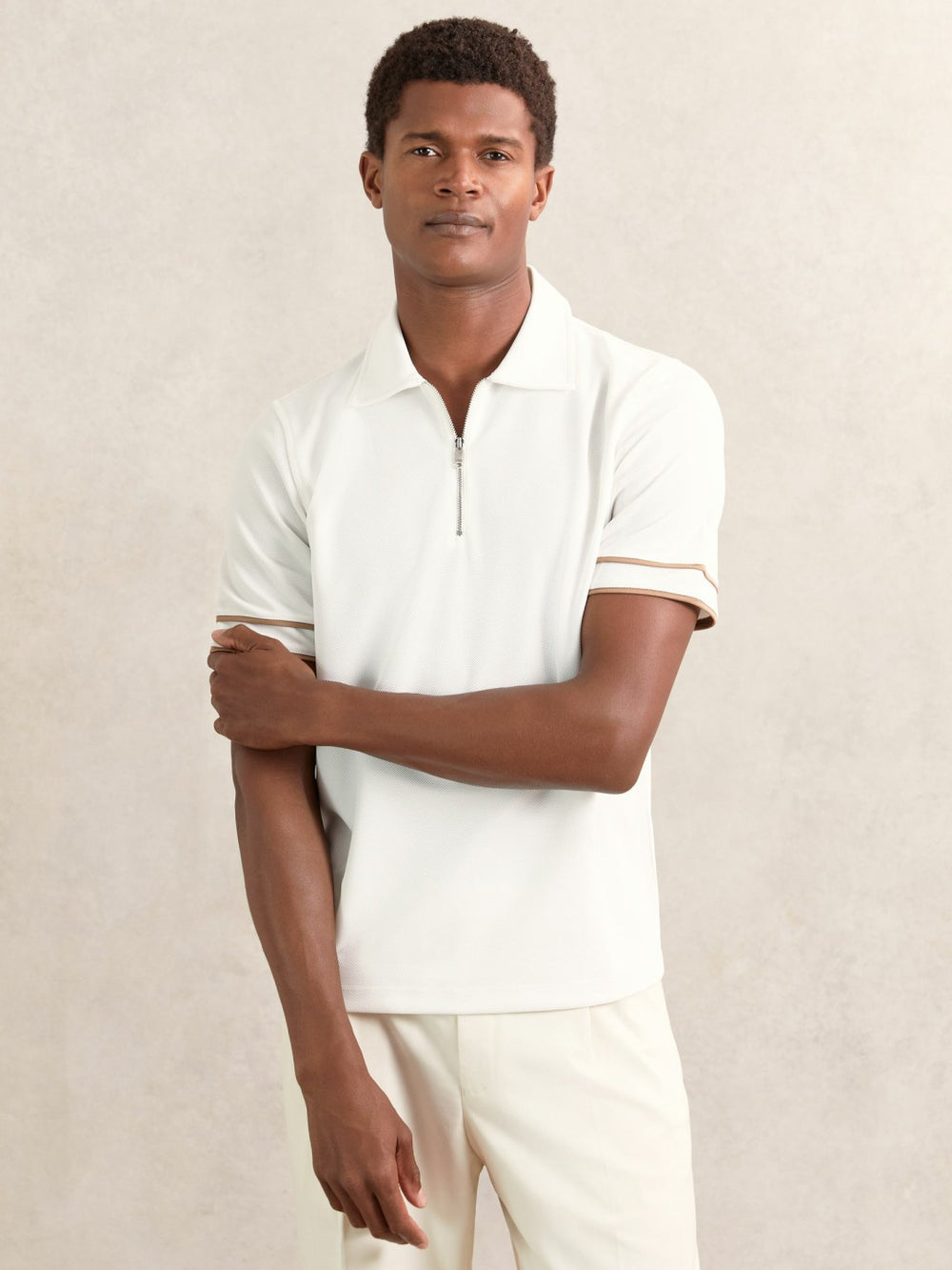 Textured Half-Zip Tipped Polo Shirt in White