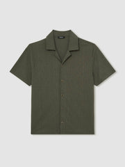 Jacquard-Stripe Cuban-Collar Shirt in Dark Green