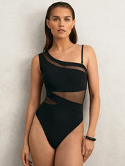 One Shoulder Mesh Panel Swimsuit in Black