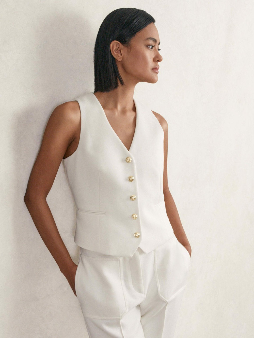 Single-Breasted Twill Waistcoat With Wool in White