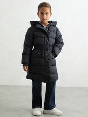 Longline Hooded Puffer Coat in Navy