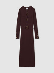 Buttoned Rib-Knit Midi Dress in Burgundy