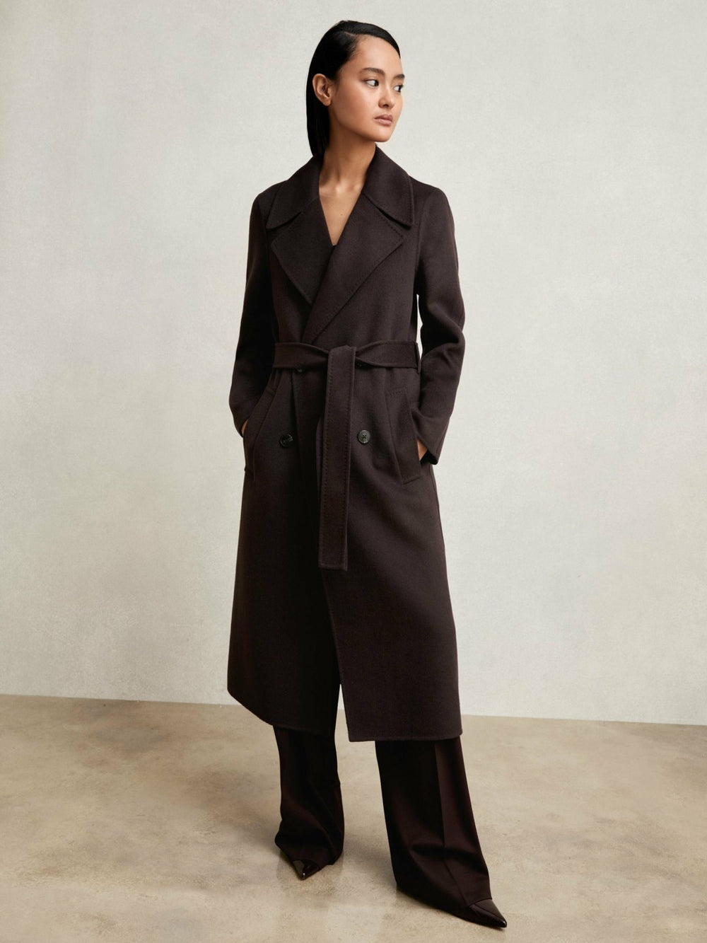 Double-Breasted Blindseam Coat Wool-Blend in Aubergine