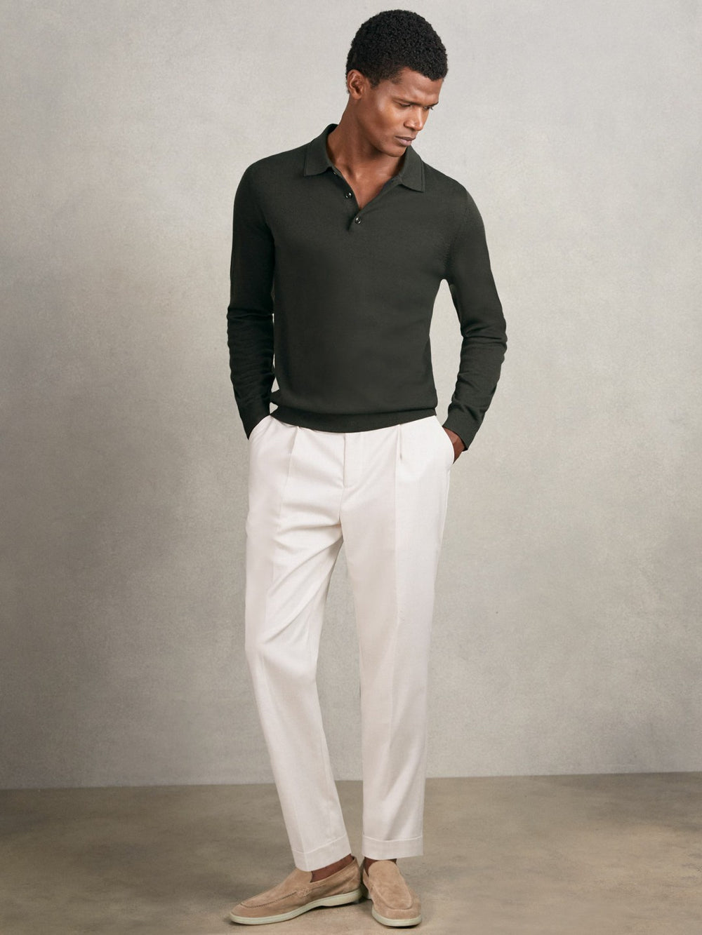 Merino Wool Long-Sleeve Polo Shirt in Dark Military Green
