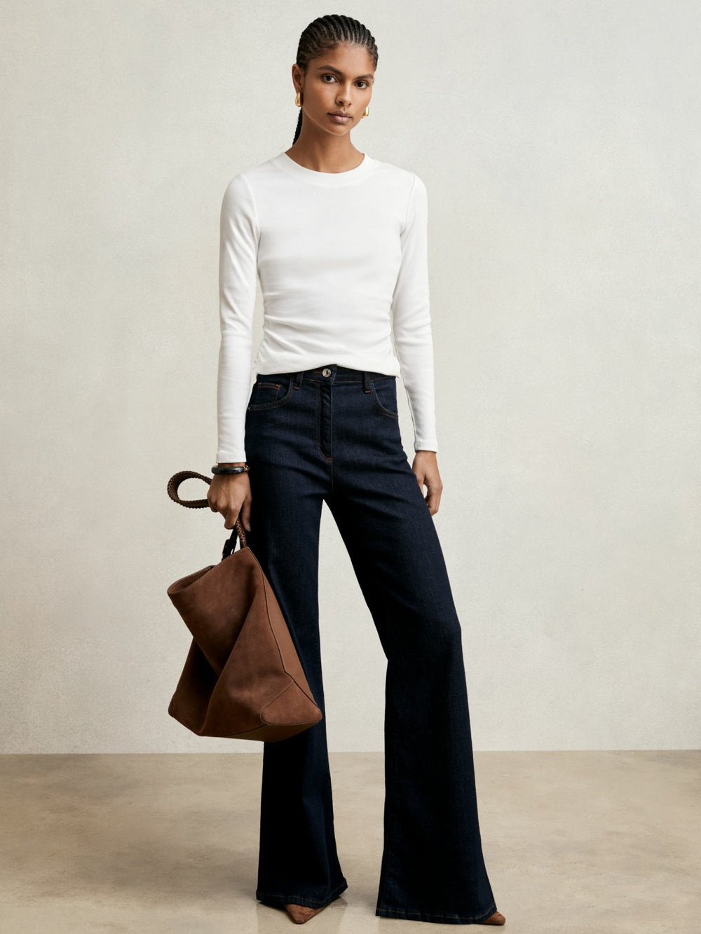 Cotton Long-Sleeve Ruched T-Shirt with Stretch in White