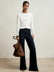 Cotton Long-Sleeve Ruched T-Shirt with Stretch in White