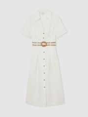 Linen Belted Midi Shirt Dress in Ivory