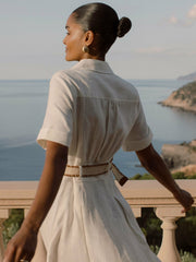 Linen Belted Midi Shirt Dress in Ivory