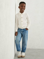9-13 yrs Wool V-Stitch Button-Through Cardigan in Off White