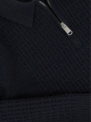 9-13 yrs Wool Waffle-Knit Half-Zip Polo Shirt in Navy Blue