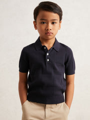 9-13 yrs Stitch-Detail Press-Stud Polo Shirt in Navy Blue