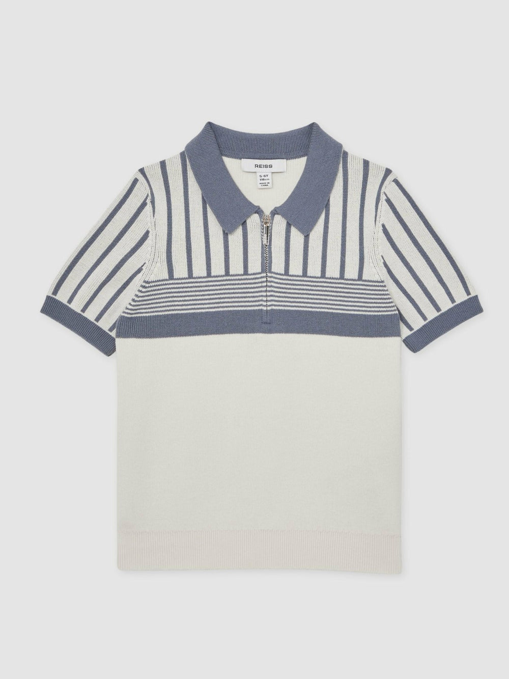 13-14 yrs Cotton Stripe Knit Half-Zip Polo Shirt in Off White/ Airforce Blue