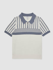 13-14 yrs Cotton Stripe Knit Half-Zip Polo Shirt in Off White/ Airforce Blue