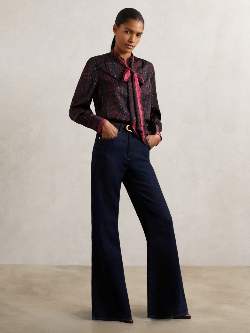 Snake-Print Tie-Neck Blouse in Burgundy
