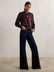 Snake-Print Tie-Neck Blouse in Burgundy