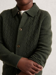 13-14 yrs Wool V-Stitch Button-Through Cardigan in Forest Green