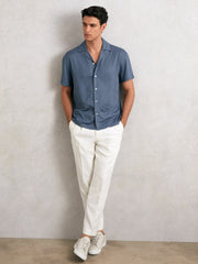 Jacquard-Stripe Cuban-Collar Shirt in Airforce Blue