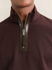 Leather-Placket Interlock Sweatshirt in Cherry Red