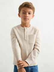13-14 yrs Cotton-Blend Rib-Knit Henley Top in Oatmeal Melange