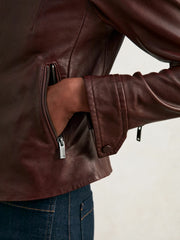 Fitted Leather Biker Jacket in Burgundy