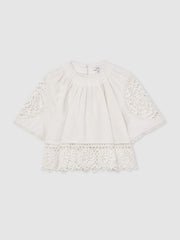 Linen Embroidered Swing Top in Ivory
