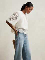 Linen Embroidered Swing Top in Ivory