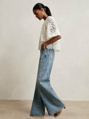 Linen Embroidered Swing Top in Ivory