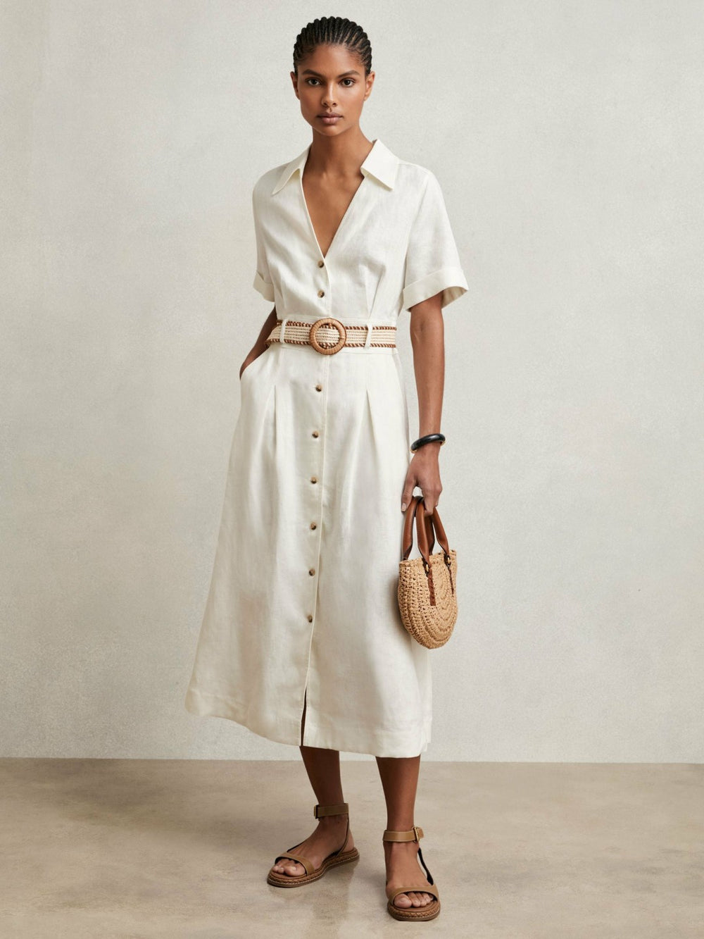 Petite Linen Belted Midi Shirt Dress in Ivory