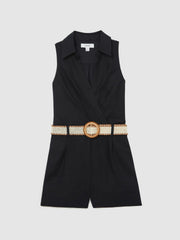 Linen Belted Sleeveless Wrap Playsuit in Navy