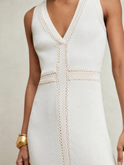 Craft-Stitch Knitted Midi Dress in Ivory