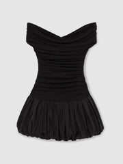 Off-Shoulder Puffball Mini Dress in Black