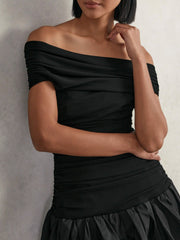 Off-Shoulder Puffball Mini Dress in Black