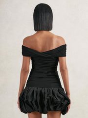 Off-Shoulder Puffball Mini Dress in Black